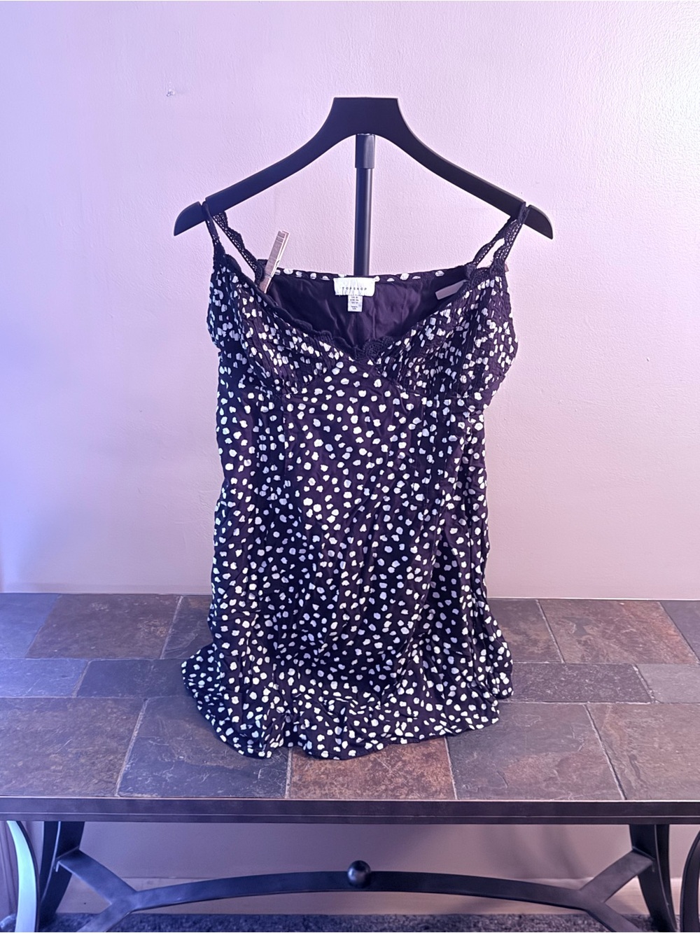 Topshop Black Mini Dress with White Polka Dots and Spaghetti Straps